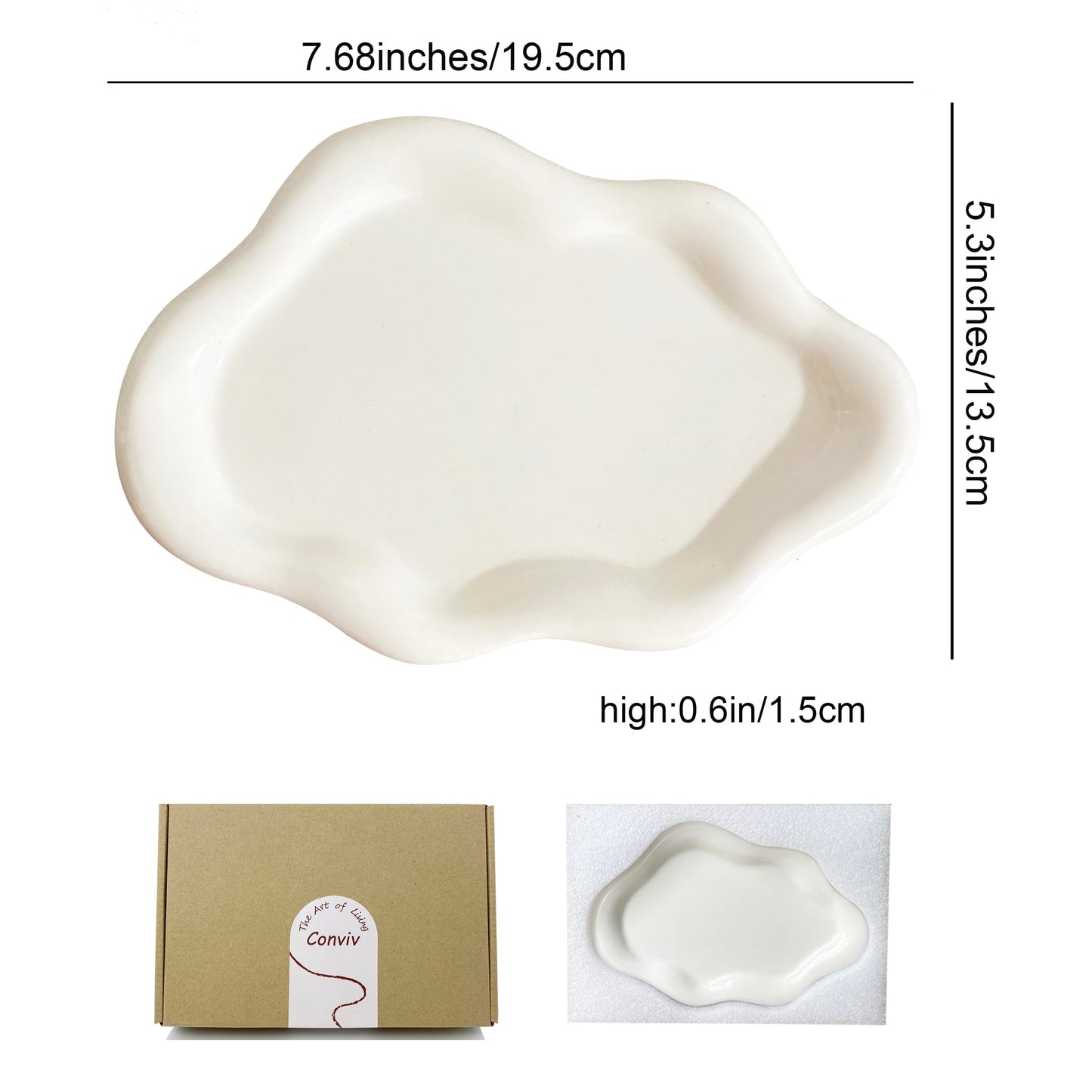 Conviv Ceramic Jewelry Tray,Ring Dish Holder,Perfume Trinket Dish,Key Bowl Vanity Cute Things Room Decor Aesthetic, Birthday Mother's Day Christmas Warm House Gifts for Women(White)