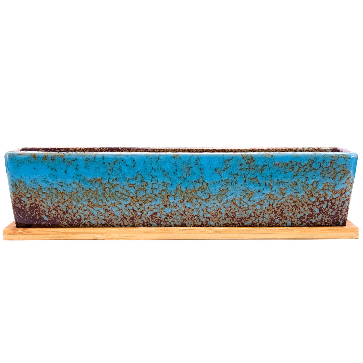 Succulent Pots - 12.1 Inch Large Succulent Planters Pots with Drainage Tray, Long Rectangle Ceramic Pot for Indoor Cactus/Succulent Plants Shallow Bonsai Window Box for Home Garden Decor (Blue)