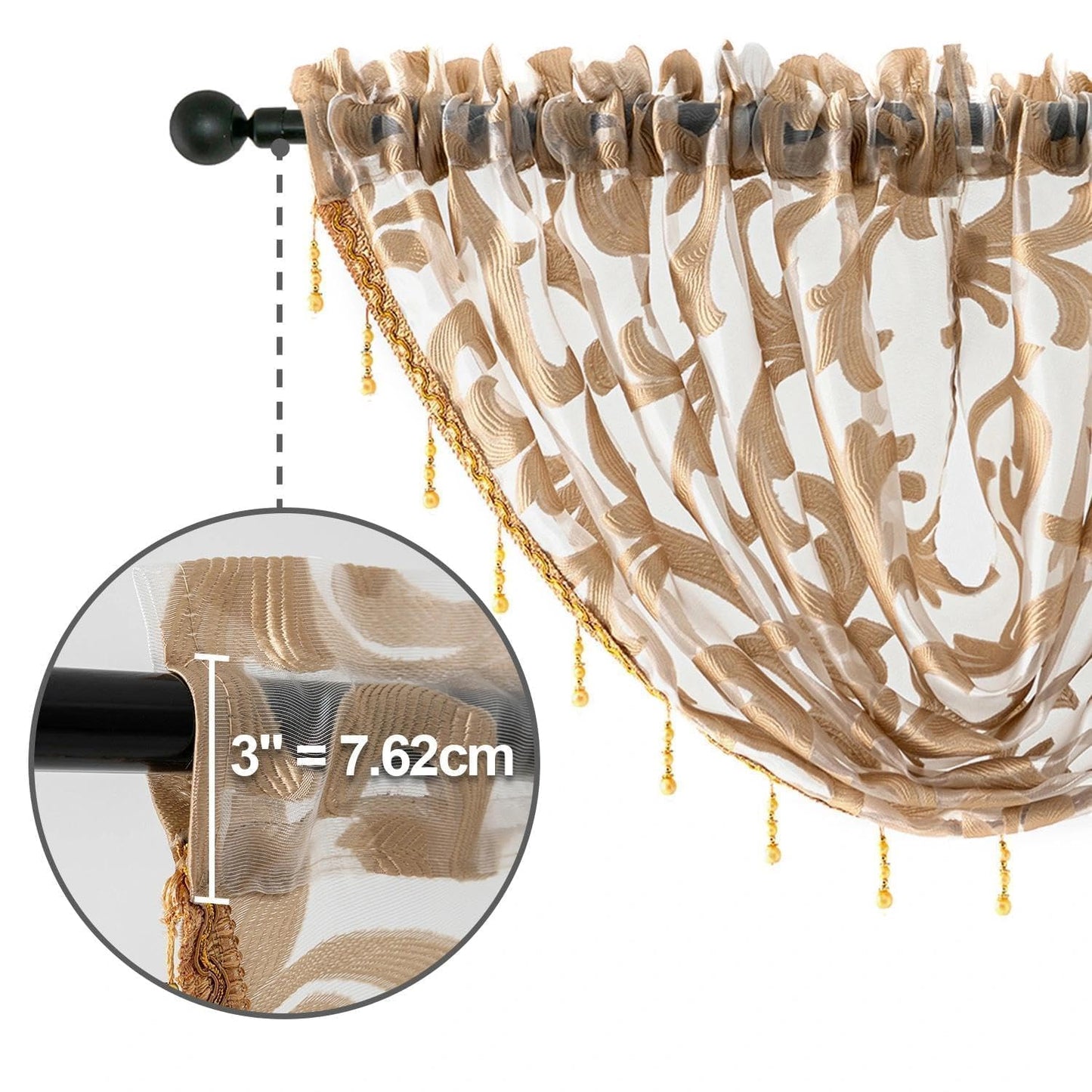 NAPEARL Swag Valance for Windows Tan Beige Organza Sheer Waterfall Curtain, Decorative Elegant Beaded Tassel Trim Rod Pocket Sheer Window Treatment for Bathroom, Kitchen, Small Windows