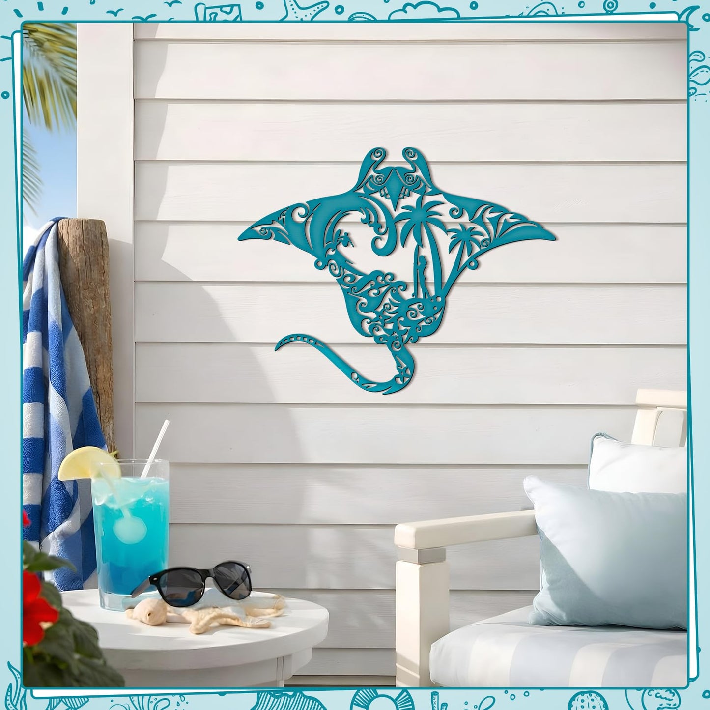 Pelopy Manta Ray Metal Wall Art 13.8inch Gradient Iron Ocean Fish Decor Coastal Ocean Sea Metal Fish Hanging Wall Art Decor for Coastal Farmhouse Beach Themed Rooms