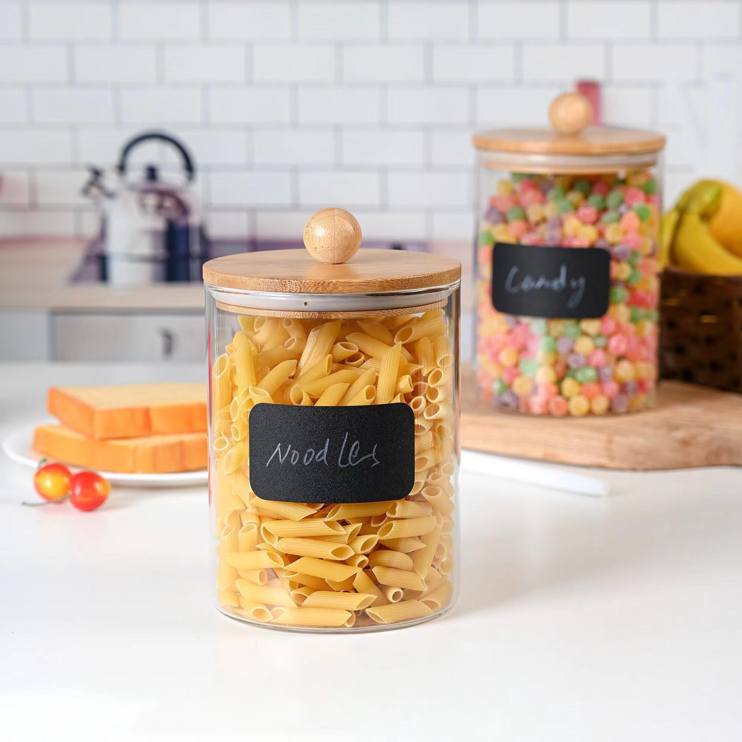 Le'raze 1 Gallon Glass Canister Set for Kitchen Counter with Airtight Bamboo Lids + Marker & Labels - of 2 Large Cookie Jars Wooden Lid, Food Storage Containers Pantry, Flour, Sugar, Pasta, Candy,