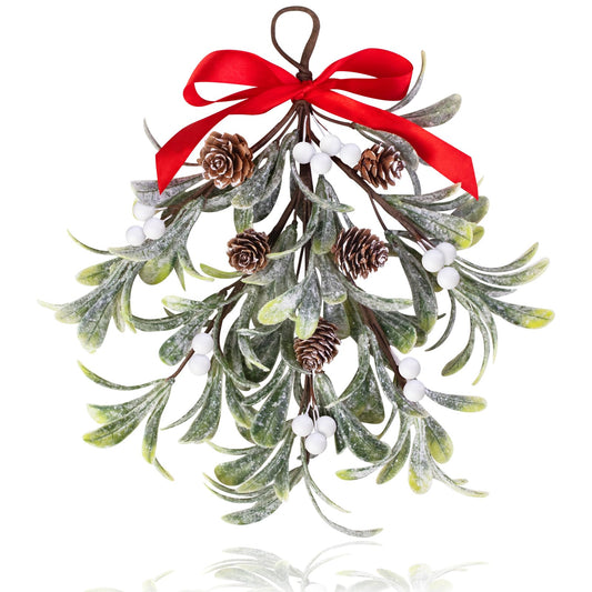 Mntrprko Artificial Christmas Mistletoe Decor 12 Inches Mistletoe Giant Kissing Hanging Bouquet for Xmas Floral Garland Decorations (1, White)