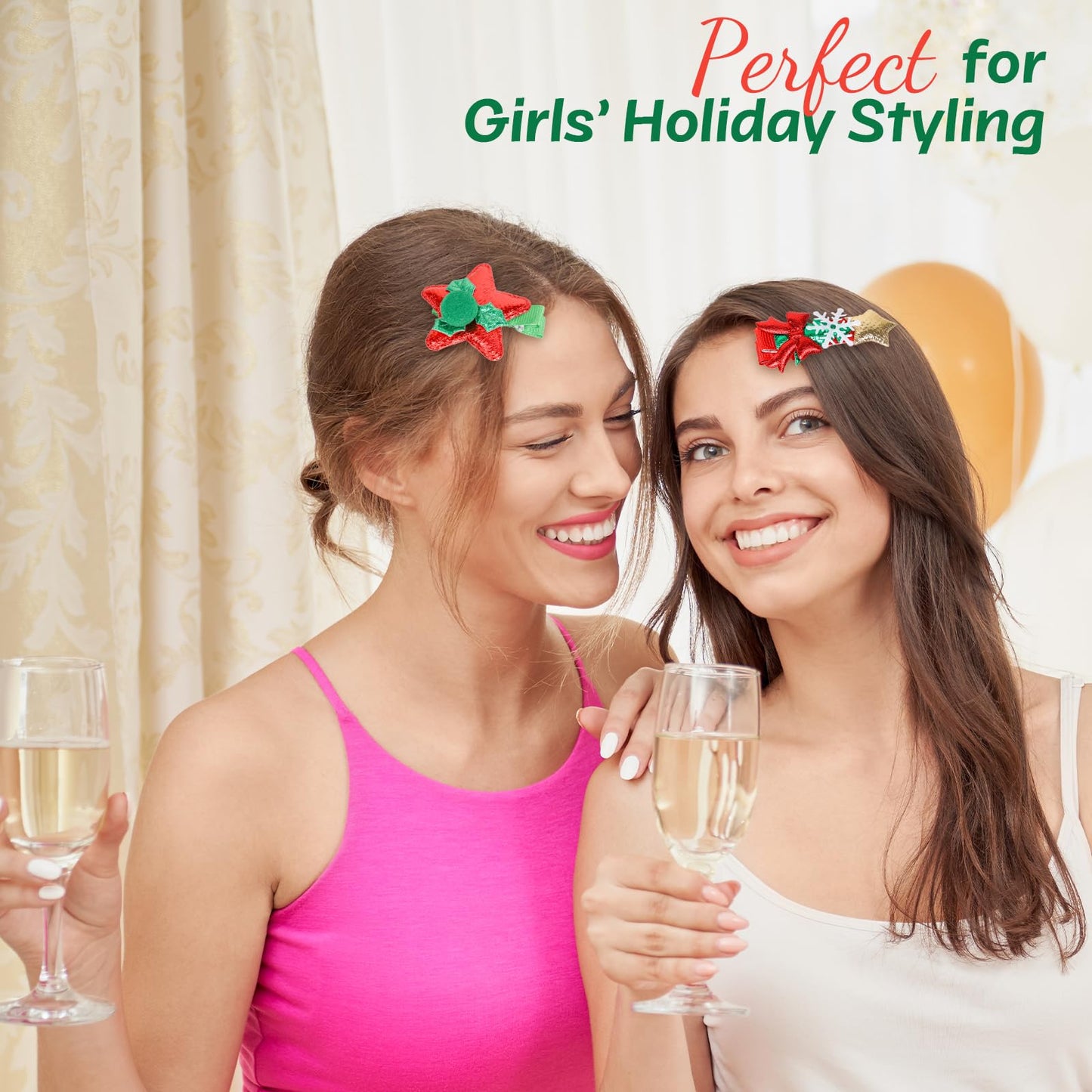 Christmas Hair Clips Set - Santa Hat, Snowflake, Bow & Star Barrettes for Women Girls Holiday Party (Red/Green) Hair Accessories for Women Girls (Pom Pom)
