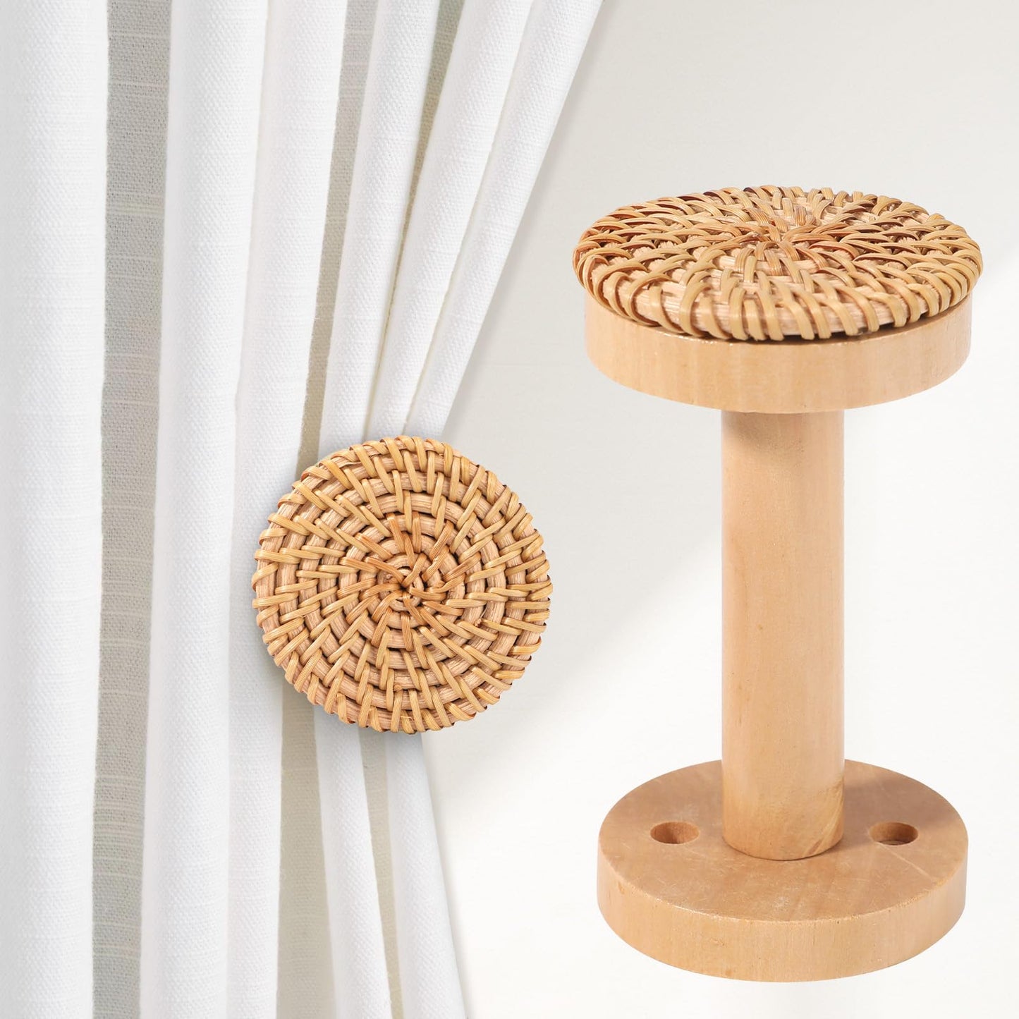 Boho Curtain Holdbacks - Set of 2 Rattan Tiebacks for Wall-Mounted | Hand-Woven Natural Wood Drapery for Sheer & Blackout Curtains | Ideal for Home & Office Decor