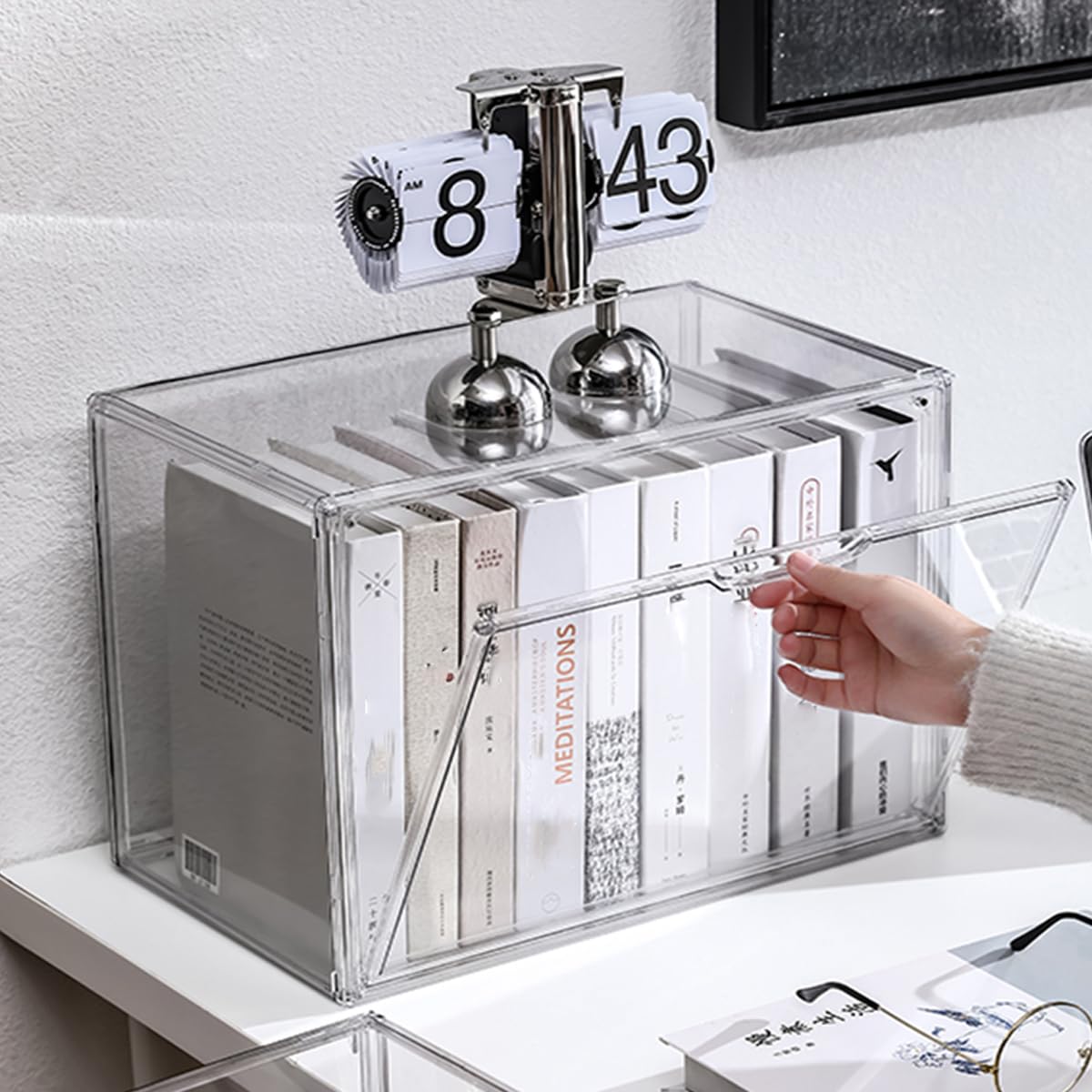 Clear Acrylic Bookcase, Book Organizer Box, Portable Book Containers with Magnetic Door, Stackable Display Case for Purses Handbags Dolls Toys Shoes(Clear, 14.17" ×10.63"×8.66")