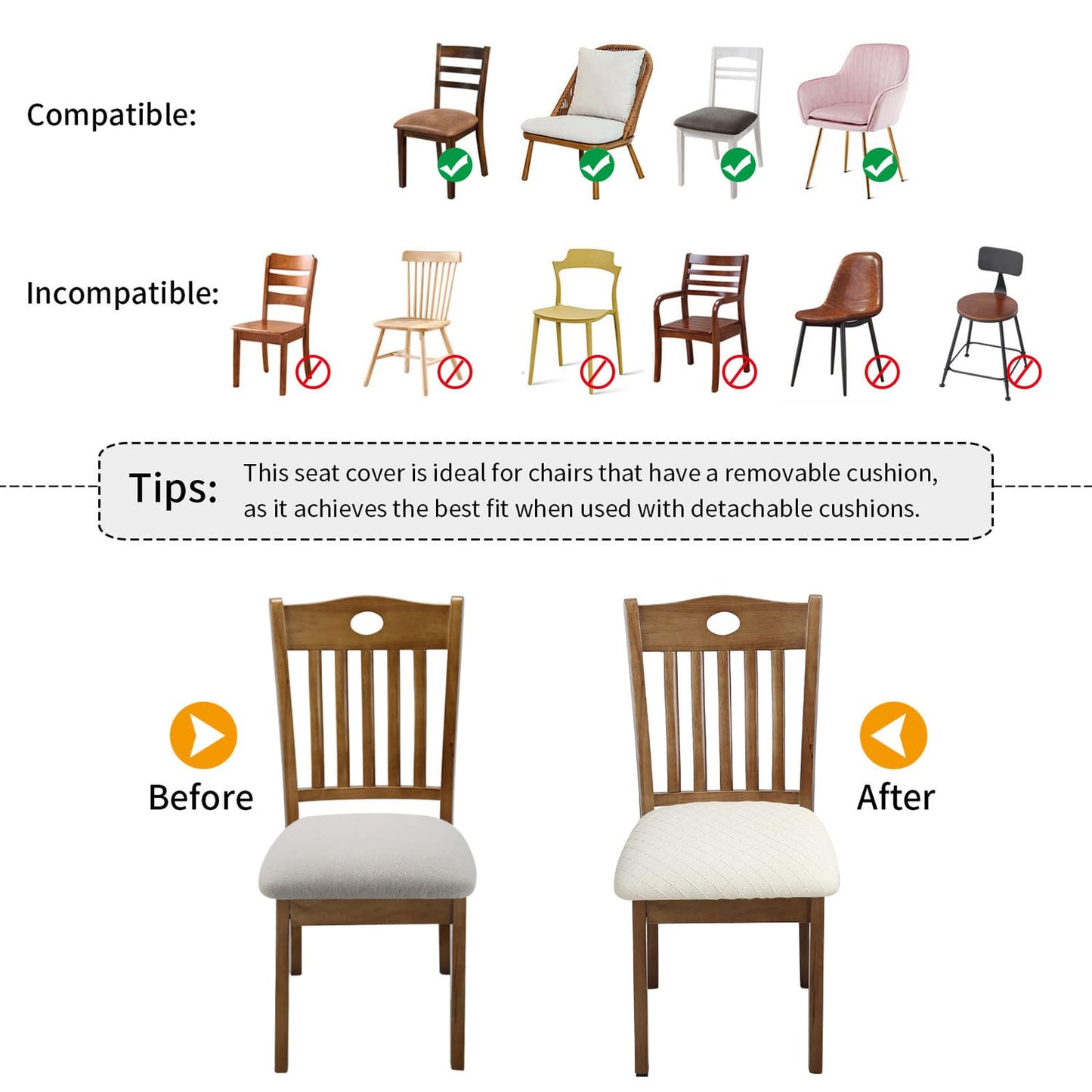 Fuloon Stretch Chair Seat Covers 6 PCS, Removable Washable Dining Chair Covers Anti-Dust Dining Room Seat Cushion Slipcovers (6, Beige)