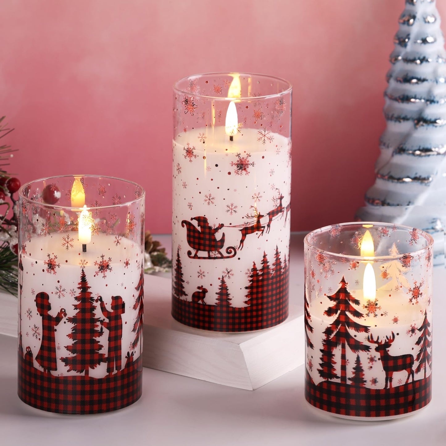 Eywamage Christmas Flameless Pillar Candles with Remote, Red Buffalo Plaid Table Decor, Flickering LED Pillar Candles Set of 3