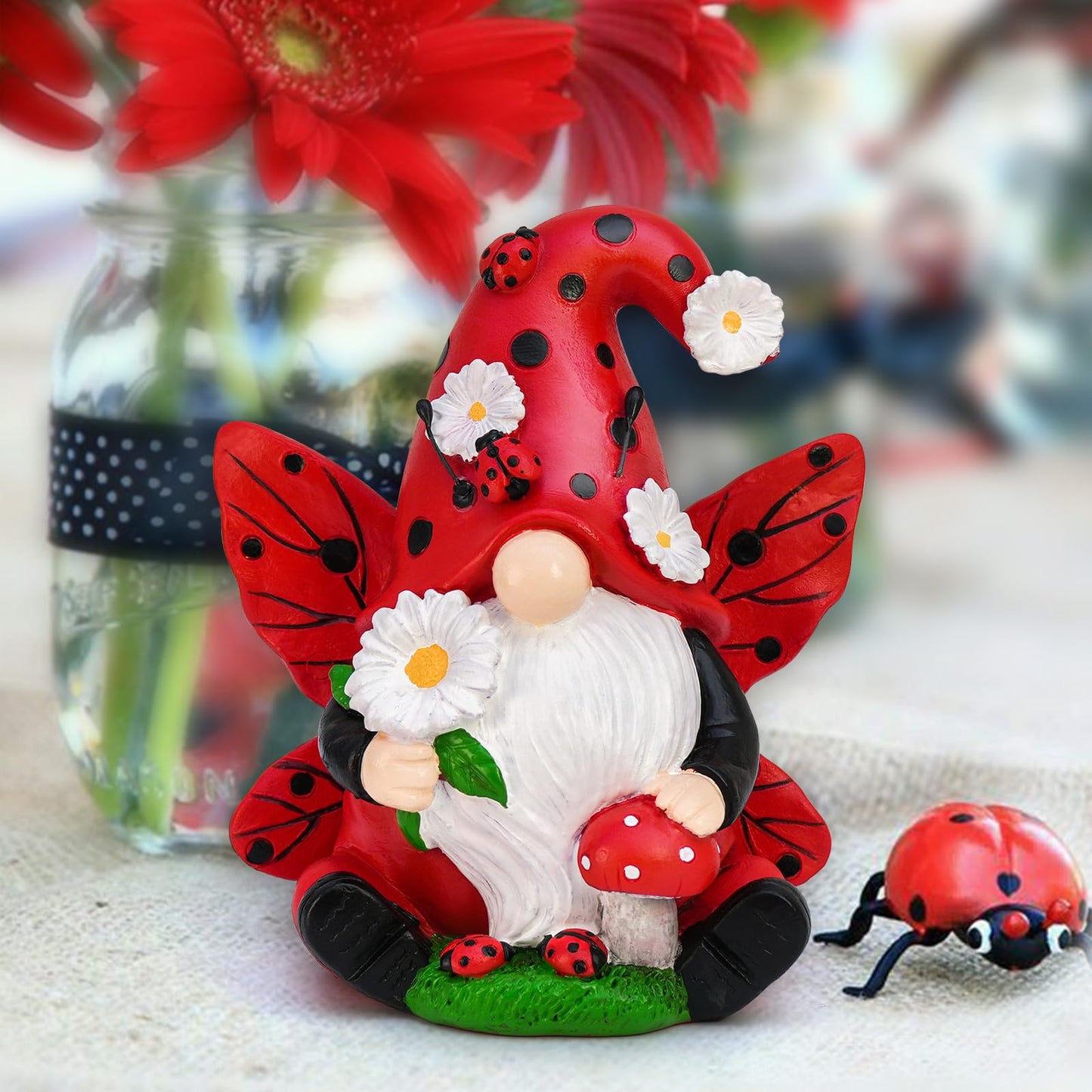 KnomeKo Ladybug Gnome Garden Decor, Fairy Gnome Figurine with Flowers, Spring Summer Outdoor Garden Decorations for Yard Lawn Patio, Garden Gifts for Women