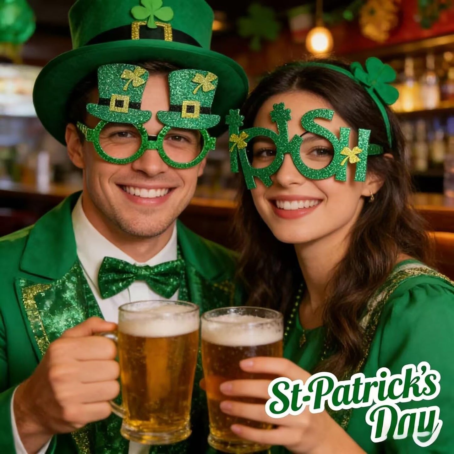 QEYRIYI St Patrick’s Glasses Frames St.Patrick’s Day Decoration Accessories Supplies 6 Pcs Green Glitter Hat Glasses Holiday Ornaments Party Photo booth Props
