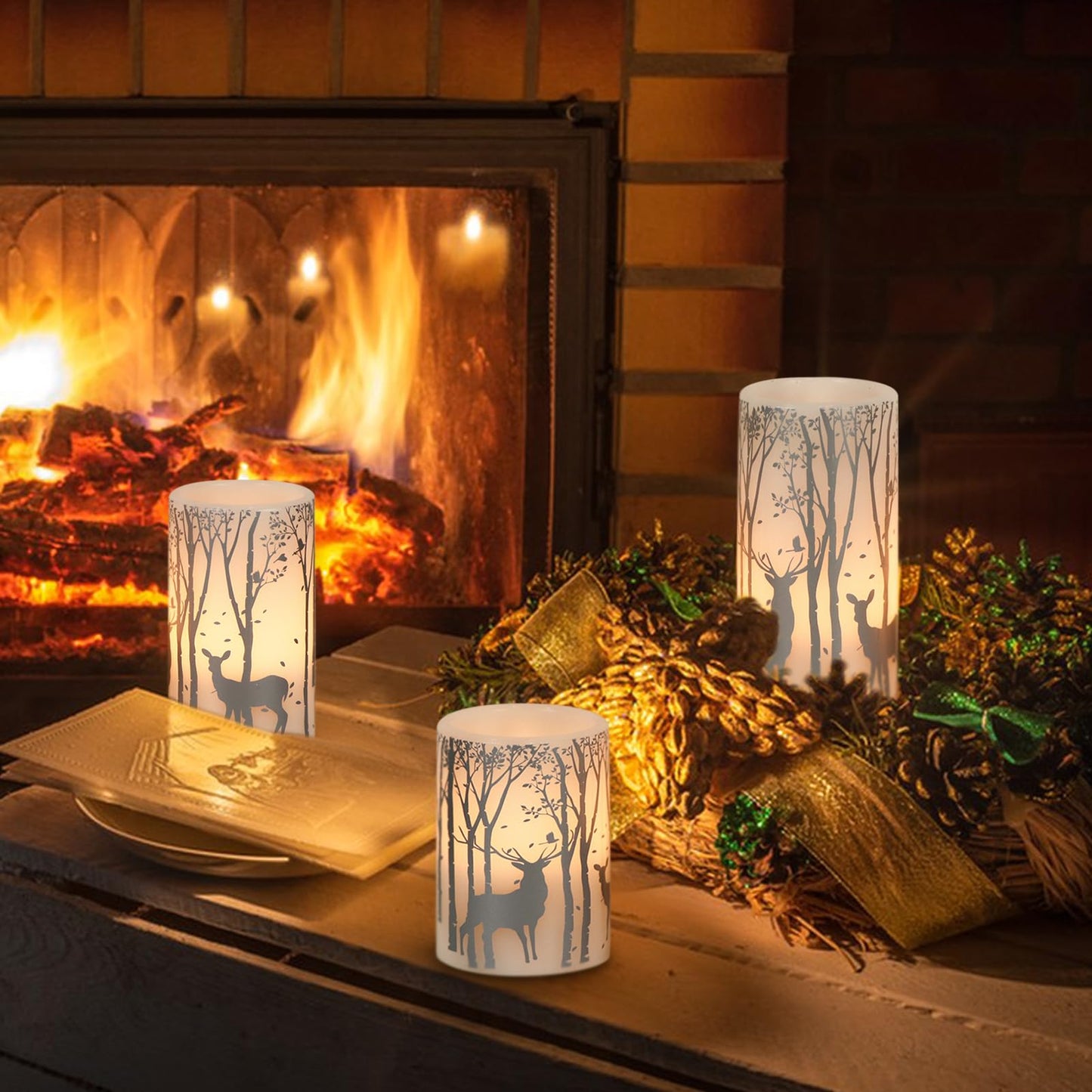 Eldnacele Christmas Flickering Flameless Candles with 6 Hour Timer, Silver Deer Decal Battery Operated Real Wax LED Pillar Candles Home Tabletop Holiday Decor(3Pcs,3×4/5/6 Inches)
