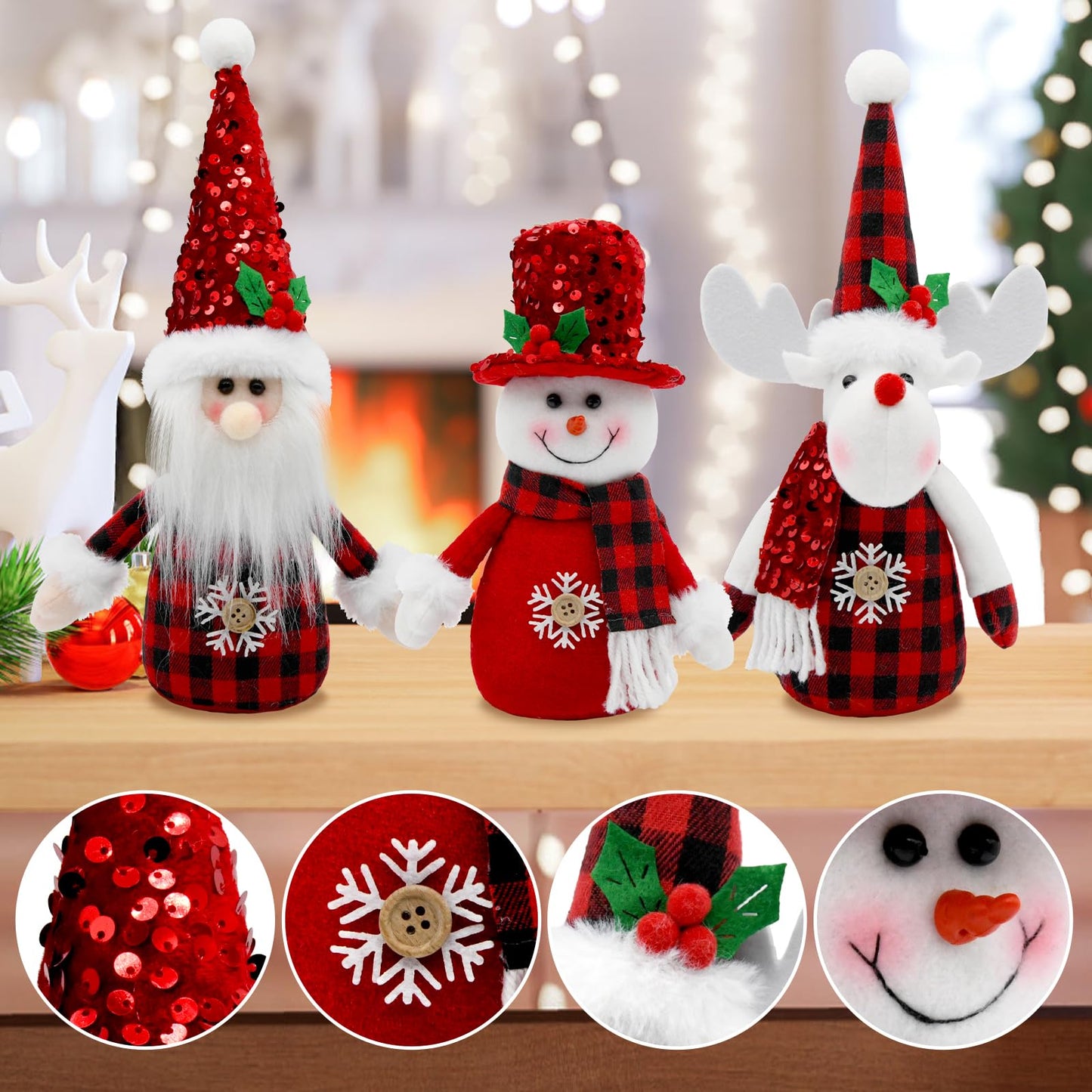 KnomeKo Red Buffalo Plaid Christmas Decorations Indoor- 3 Pcs Red Christmas Snowman & Santa & Reindeer Plush Tabletop Tiered Tray Decor Winter Gifts