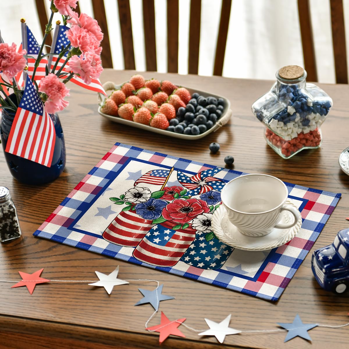 Artoid Mode Buffalo Plaid Vases Flowers 4th of July Placemats Set of 4, 12x18 Inch Seasonal Holiday Table Mats for Party Kitchen Dining Decoration