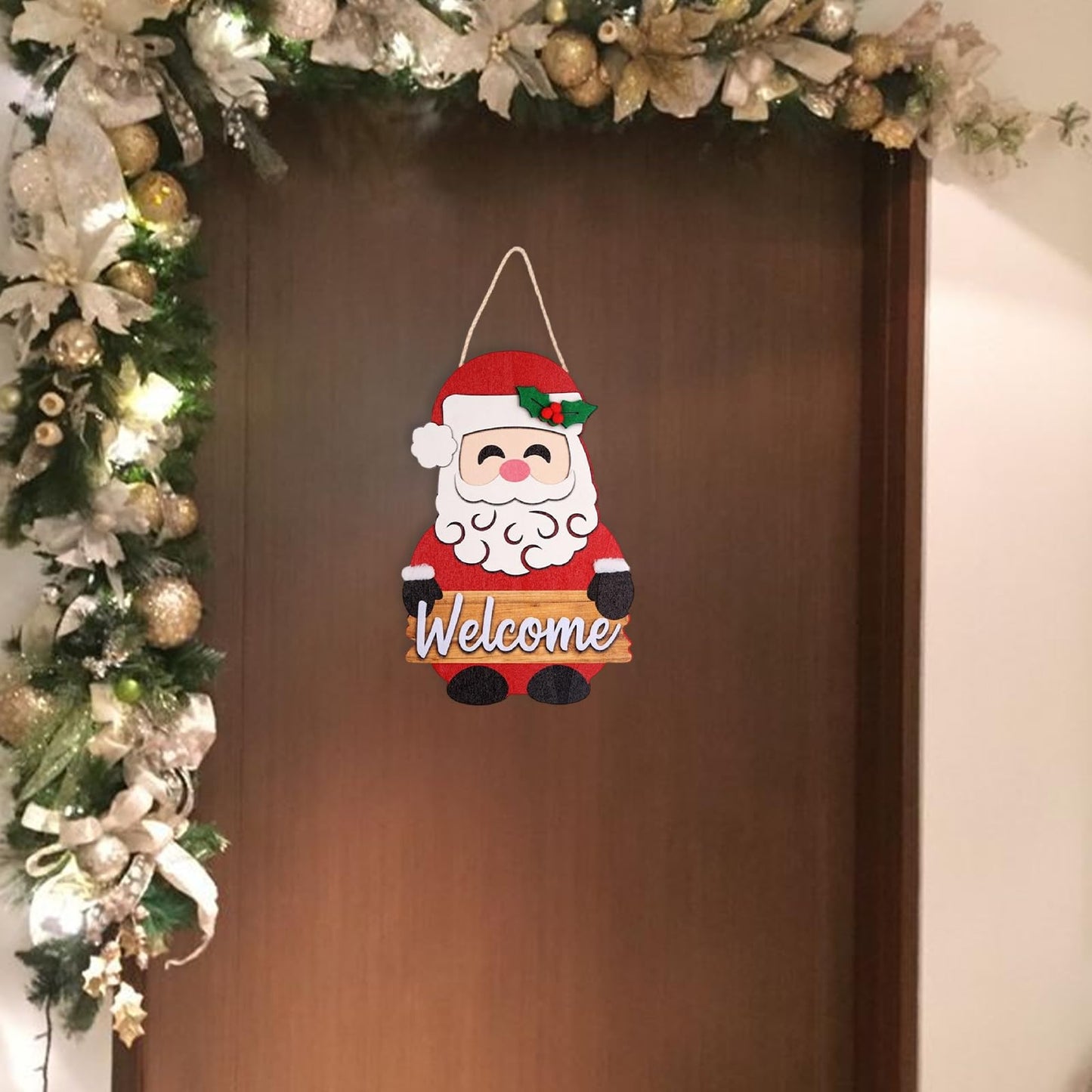Christmas Welcome Sign - Santa Claus Christmas Door Hanger - Winter Wooden Decor for Tree, Front Door, Porch, Wall, Party Decorations