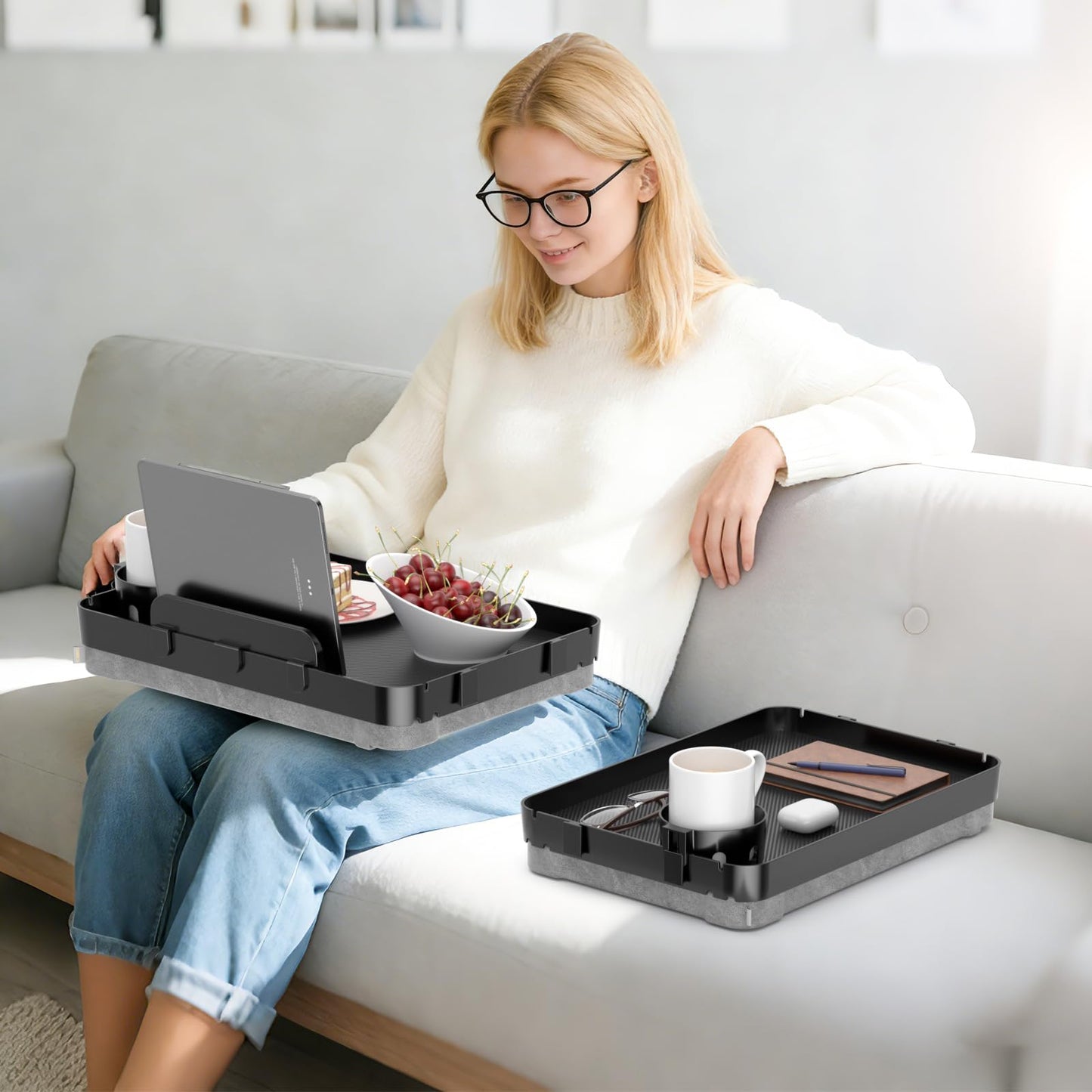 Lap Tray with Cushion Plastic Lap Desk with Cushion 15.5”Large Breakfast in Bed Tray with Removable Cushion & Cup/Phone Holder, Lap Table with Laptop Pocket for Couch TV Adults Eating Gaming Black