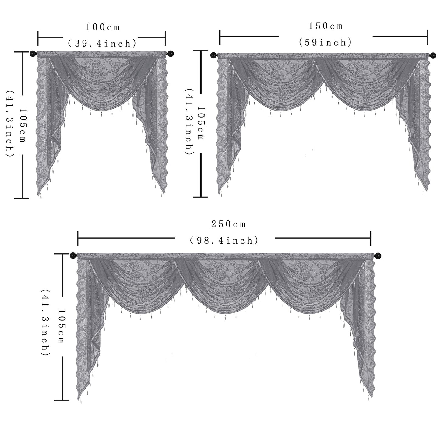 Huierxun Elegant Lace Waterfall Window Valance with Bead Tassels Floral Embroidered Valance Curtains Semi Sheer Rod Pocket Valance/Swags for Bedroom/Living Room/Kitchen/Basement (Grey,39"x41")