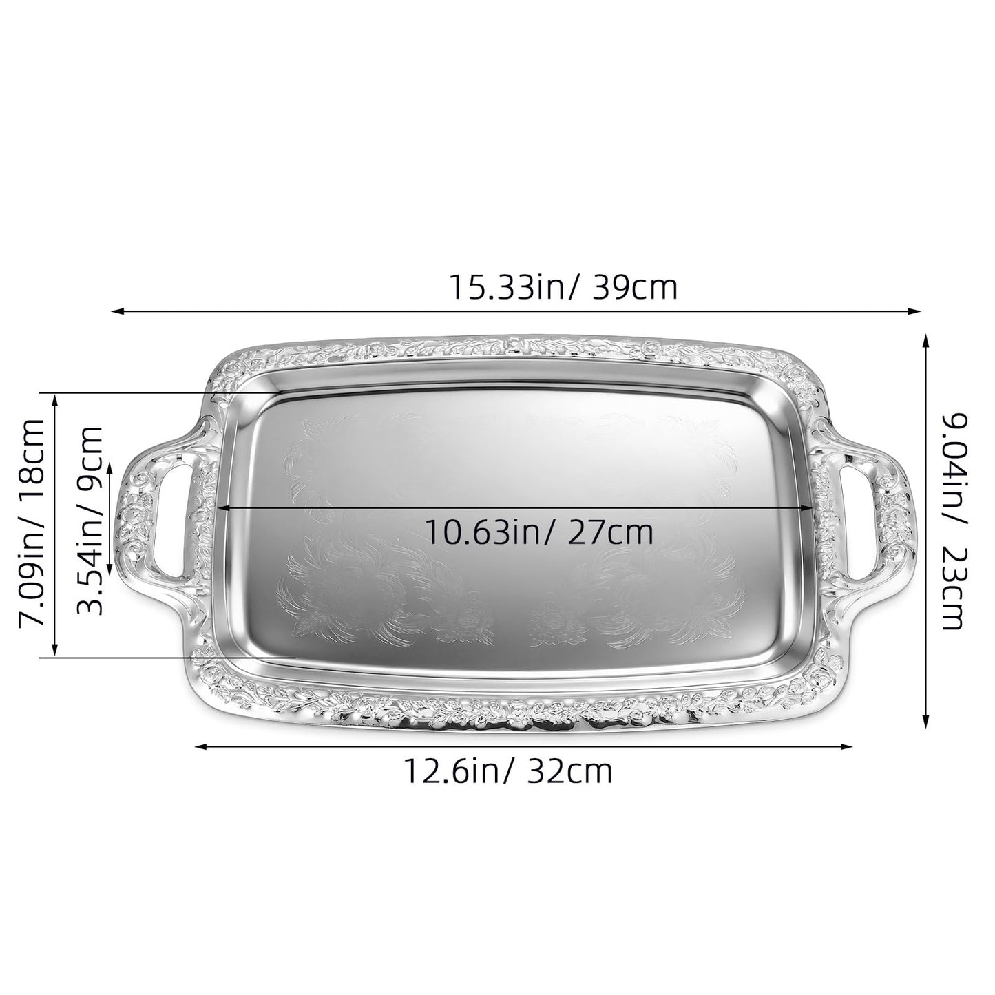 STOBAZA Silver Serving Tray, Metal Coffee Table Ottoman Tray with Handles, Rectangle Butler Plate for Breakfast in Bed, Table Decor - 15.3X9X0.67inch