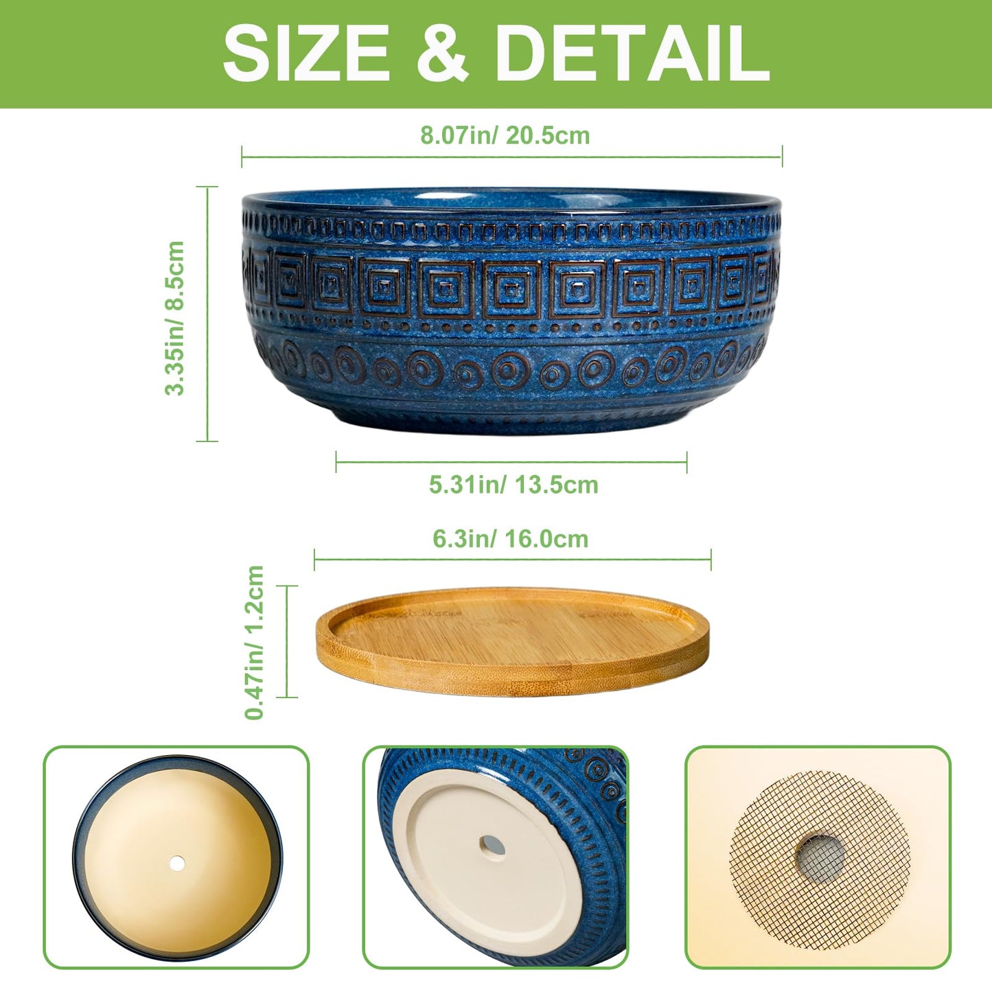 G EPGardening Bonsai Pots 8 Inch - Ceramic Succulent Pots, Round Planter for Indoor Plants, Modern Outdoor Planter with Drainage and Plant Saucer, Boho Home Decor, House Warming Gifts New Home, Blue