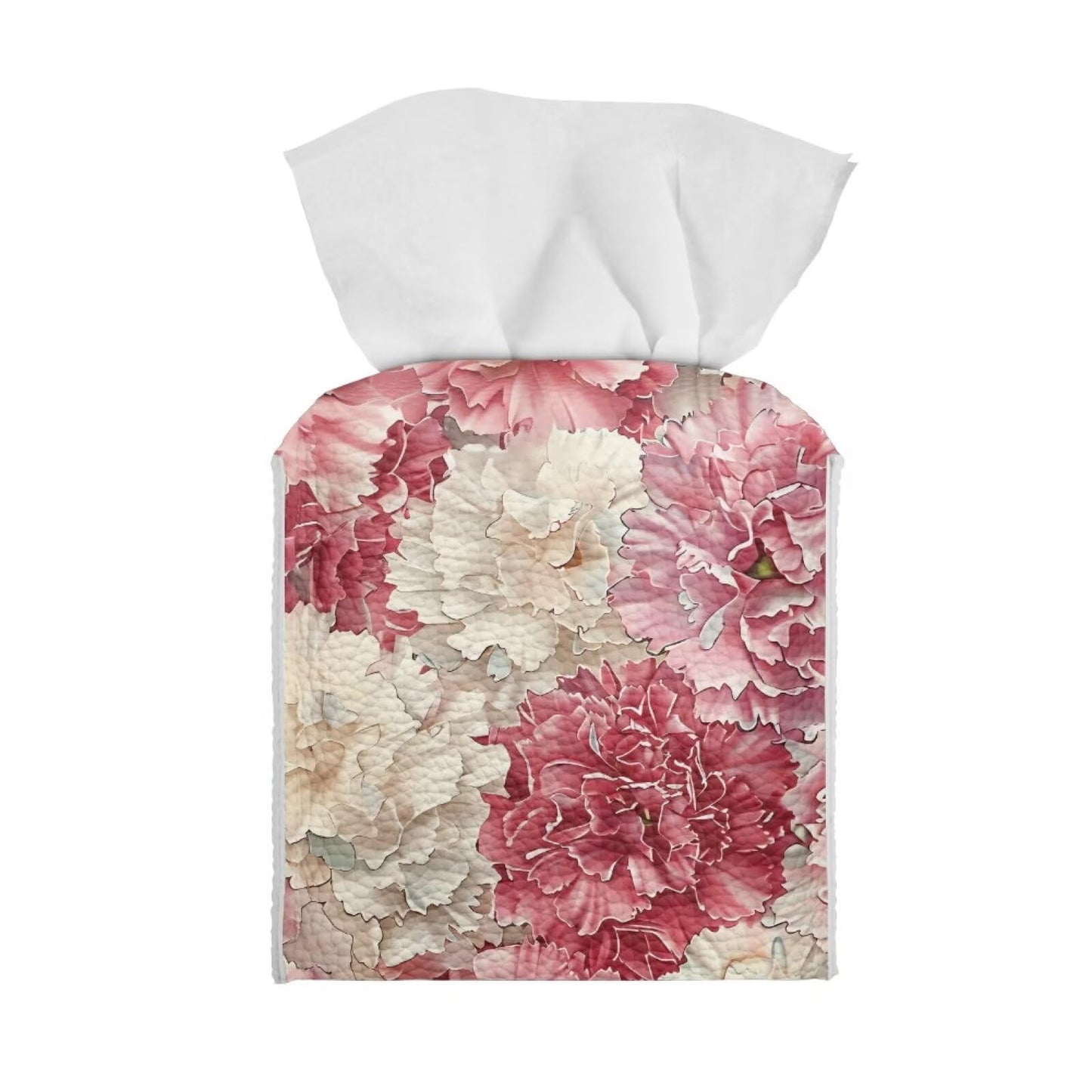 Baxinh Peony Print Tissue Box Cover - Home Decor Cube Tissue Box Holder - Pink, PU Leather with Bottom Belt