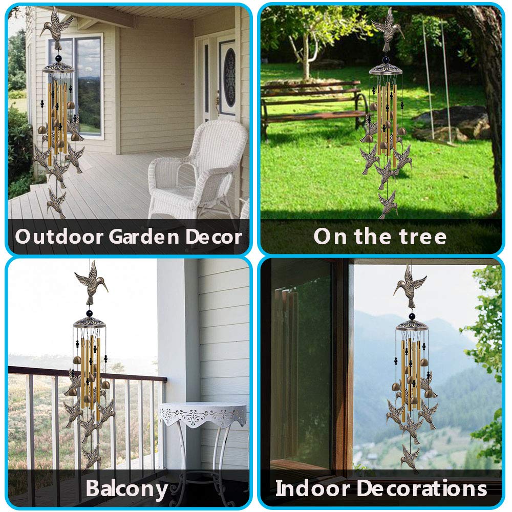 Large Hummingbird Wind Chimes Outdoor Indoor Decor -With 4 Tubes 6 Bells 7 Hummingbirds, Mobile Wind Catcher, Hummingbird Wind Bell for Home, Xmas Mom Gifts, Festival, Balcony, Tree, Garden Decoration