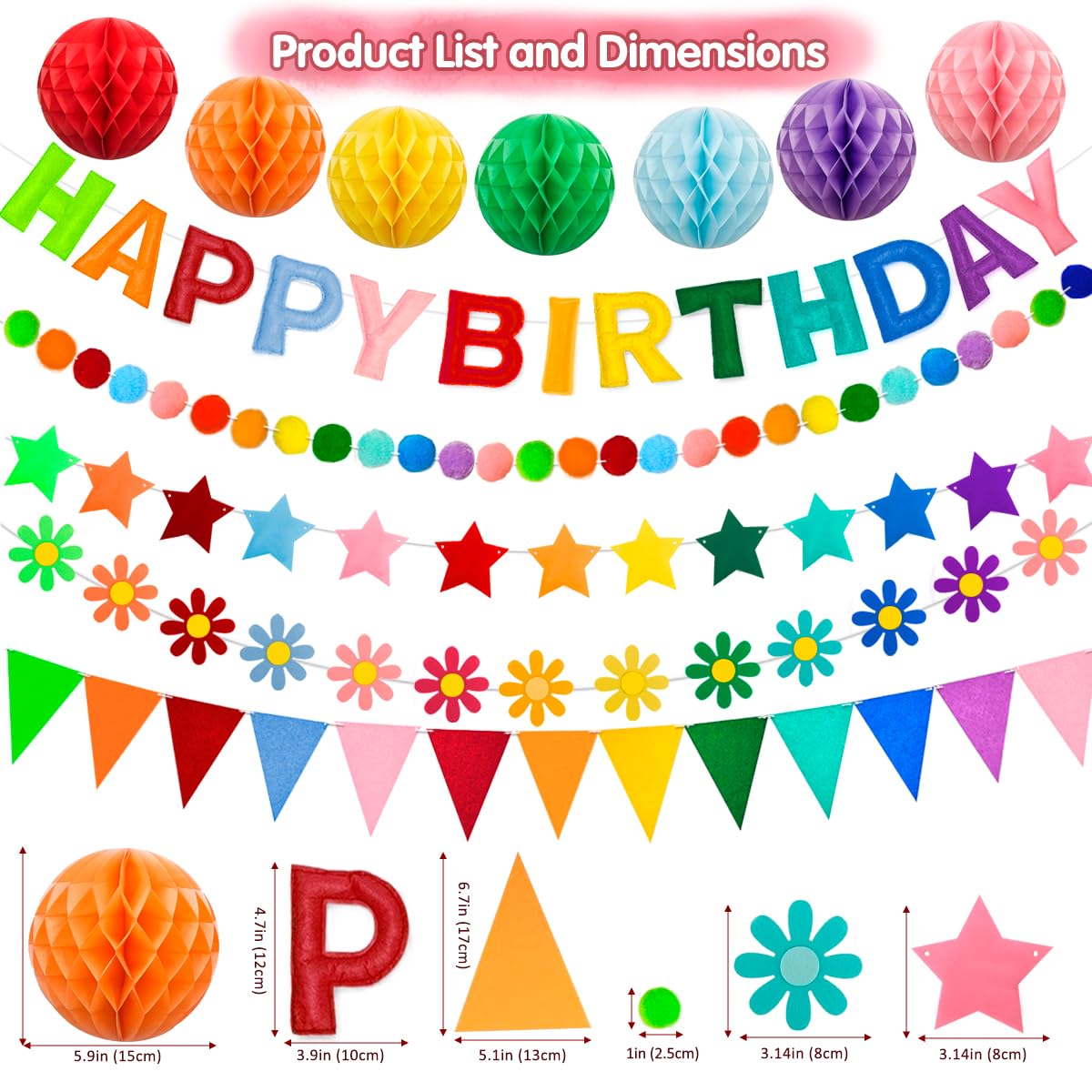 Pre-Strung 3D Happy Birthday Banner, 6 PCS Felt Reusable Birthday Decorations Set with Letter Banner, Pom Pom, Star, Sunflower Garland, Triangle Flag and Honeycomb Balls, Rainbow Decor Sign Photo Prop