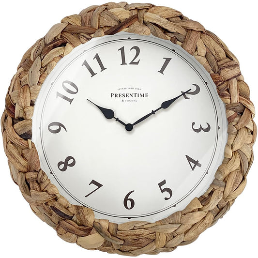 Presentime & Co Farmhouse Series, Rustic Woven Clock, 10.5 inch, Natural Woven Water Hyacinth/Sea Grass. Wall Sculpture, Wall Art and Timepiece for Home Decoration/Decoration/Farmhouse Décor.