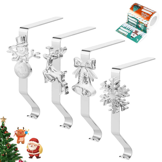 Christmas Stocking Holders for Mantle, Reusable No-Damage Hooks with Fireplace Grip Stand, Xmas Decoration Set for Hanging Stockings on Shelves, Mantel Clips for Holiday Party Home Decor Silver