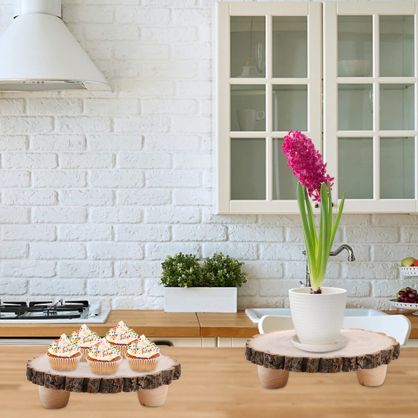 Frcctre 11 Inch Wood Cake Stand, Round Wooden Cupcake Pedestal, Paulownia Woods Slice with Legs, Rustic Cake Holder Wooden Serving Tray Serving Board Display Wood Plant Stand