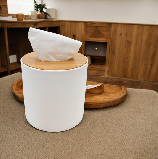 Bamboo Lid Round Tissue Holder Box 5x5'' – Decorative Toilet Paper Roll Dispenser & Dryer Sheet Case – Space-Saving Wood Organizer for Bathroom - for Paper Rolls Under 5 inches only