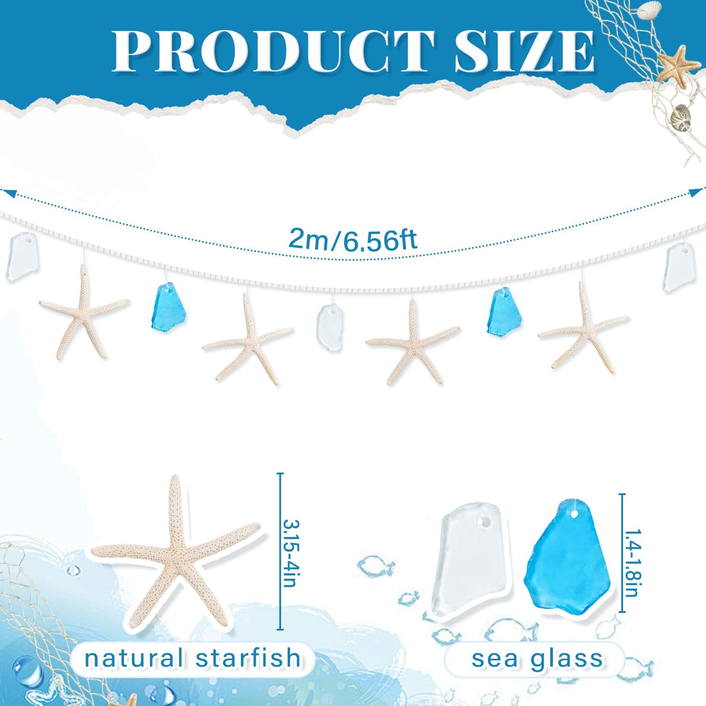 Starfish Sea Glass Garland 6.56ft, Natural Starfish & Frosted Sea Glass Beach Wedding Decor, Coastal Wall Art for Living Room Bathroom, Indoor Outdoor Home Decor, Mermaid Under The Sea Party Decor