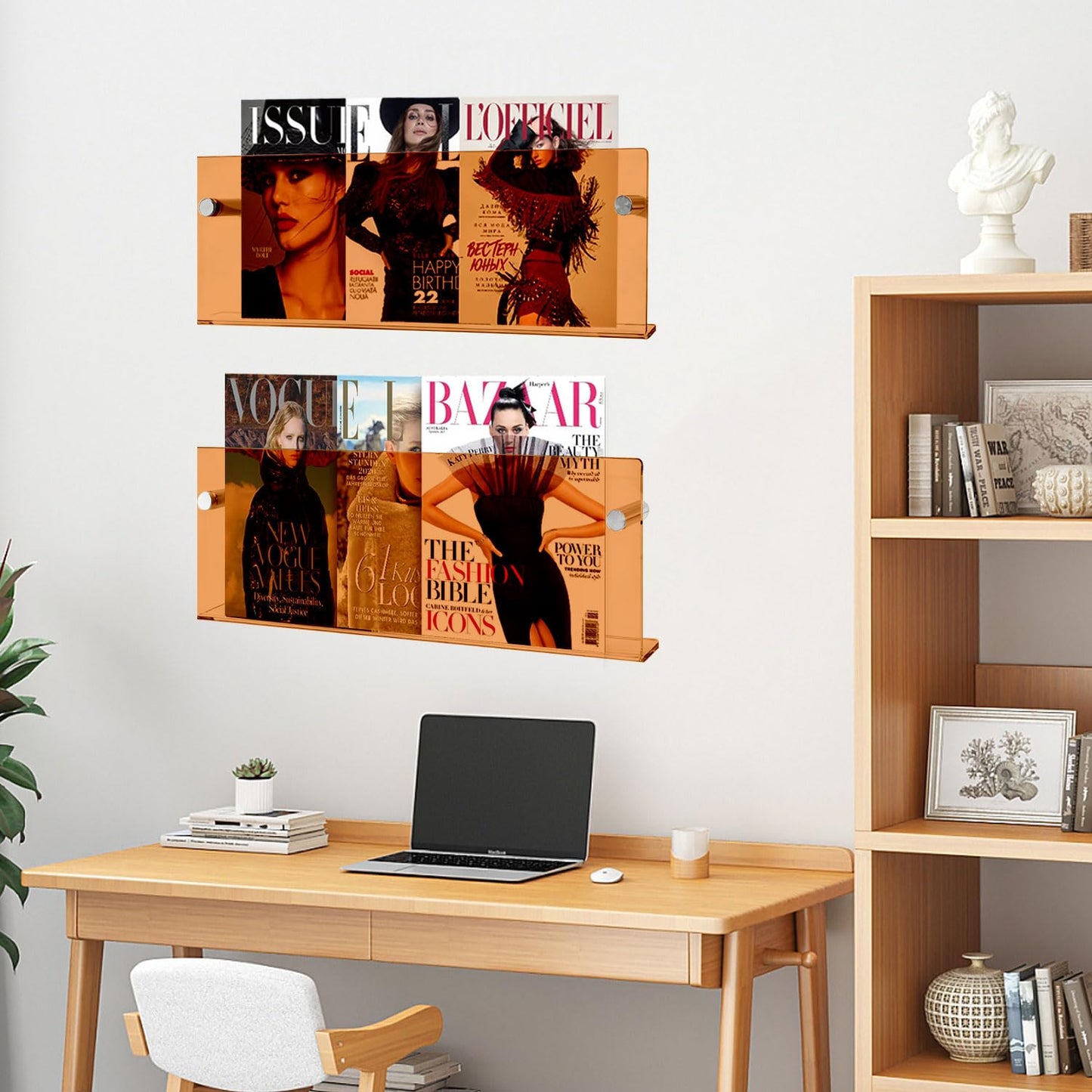 JOTNGDJBN Acrylic Magazine Holder, 2 Pack Hanging Bookshelf Magazine Rack, Floating Bookshelf Brochure Display Organizer for Home, Office, Reception Area(Orange, 17 Inch)
