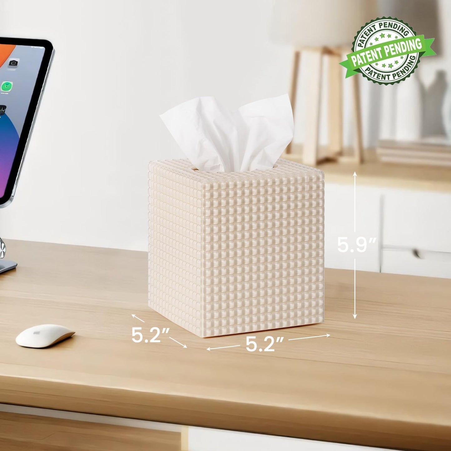 Tissue Box Cover, Square Modern Facial Acrylic Tissue Holder, Aesthetic Cube Napkin Dispenser Accessories for Bathroom Vanity Countertop, Night Stand, Office Beige