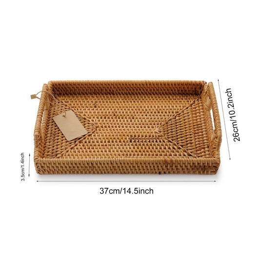 Hand-Woven Rattan Rectangular Serving Tray with Handles for Breakfast, Drinks, Snack for Coffee Table (14.5x10.2x1.4inches)
