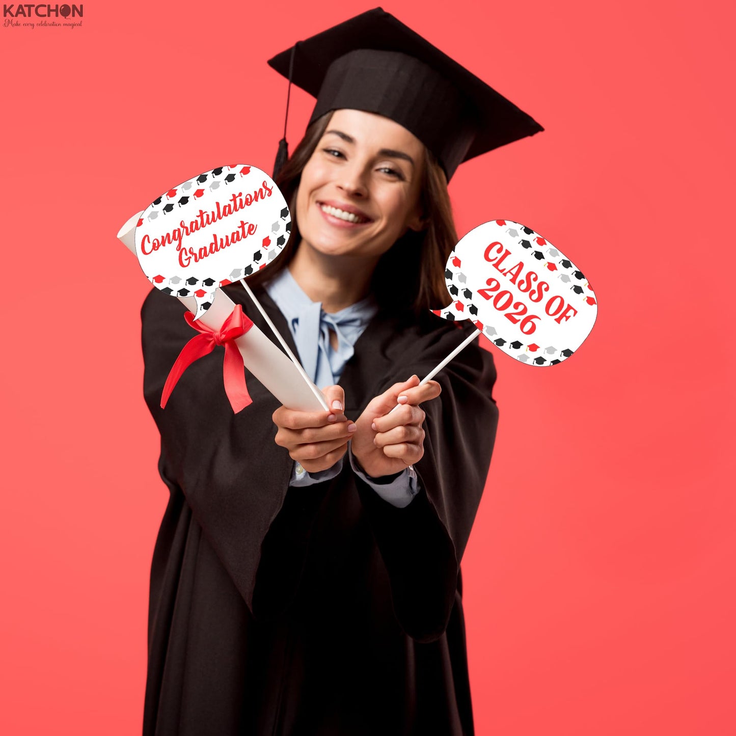 Graduation Decorations 2026 | Red Graduation Photo Props - Pack of 23 | Photo Props for Red & Black | Graduation Props for Congrats Grad Decorations | Class of 2026 Decorations, KatchOn