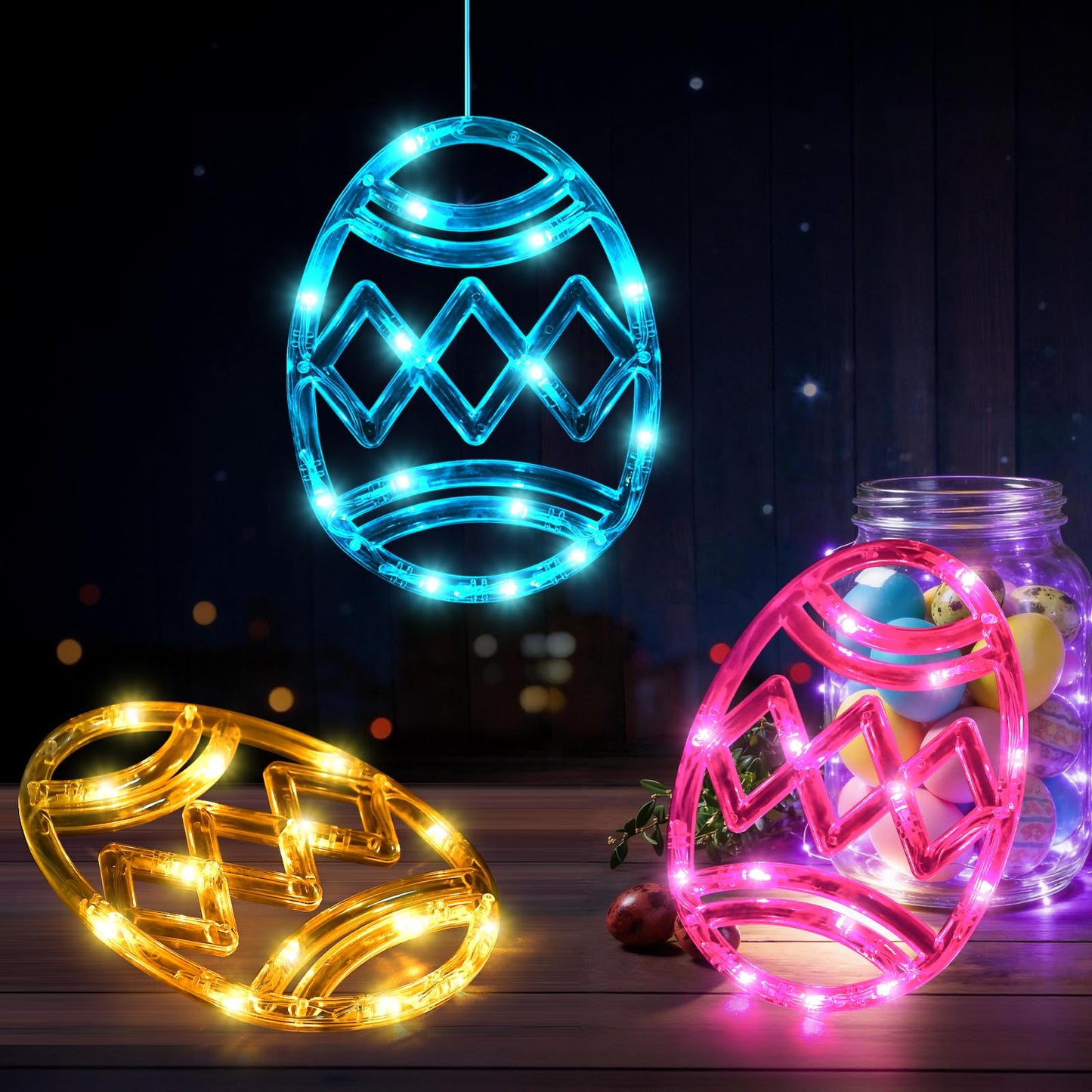 LYUBASA 3 Pack Easter Window Lights Decorations with Timer, Battery Powered Hanging Pink Yellow Blue Lighted Egg Shaped Sucker LED Lamp for 2026 Holiday Indoor Home Decor