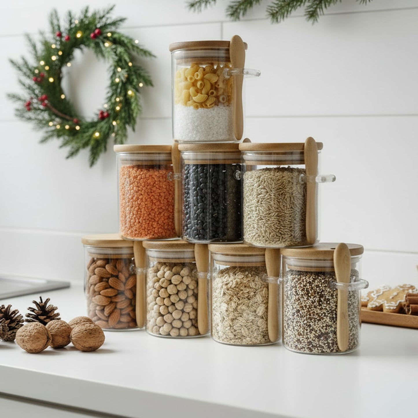 Livejun 7.6 oz Airtight Mini Glass Jars with Bamboo Lids and Bamboo Spoons, Spice Jars Small Food Storage Containers for Kitchen, Bathroom, Home Decor Set of 8