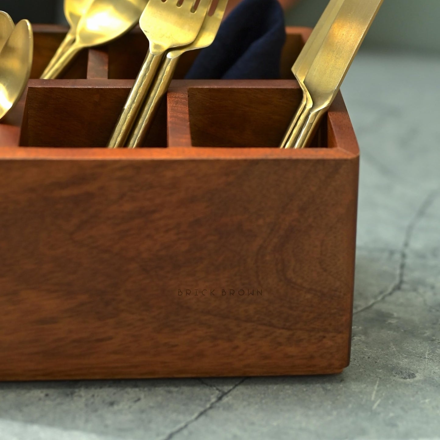 Brick Brown Premium Handcrafted Wooden Spoon stand for kitchen | cutlery holder for dining table | wooden caddy storage organiser stand with 5 section Mahogany Finish(8.75x6x4.5 inch)