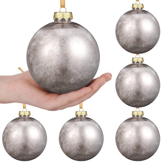 VioraWhite 12 Pcs 4 Inch Large Christmas Mercury Glass Ornaments Balls Silvery Vintage Rusty Textured Neutral Plastic Shatterproof Hanging Balls Ornaments for Xmas Tree Table Home Decor