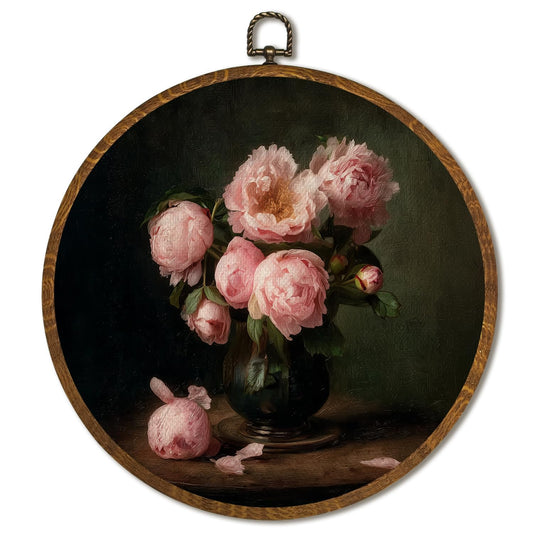 Vintage Wall Art 10x10 Inch, Round Framed Canvas Print of Vintage Floral, Dark Moody Circular Wall Art Decor for Living Room, Bedroom, Neutral Retro Artwork (Pink-Flower)