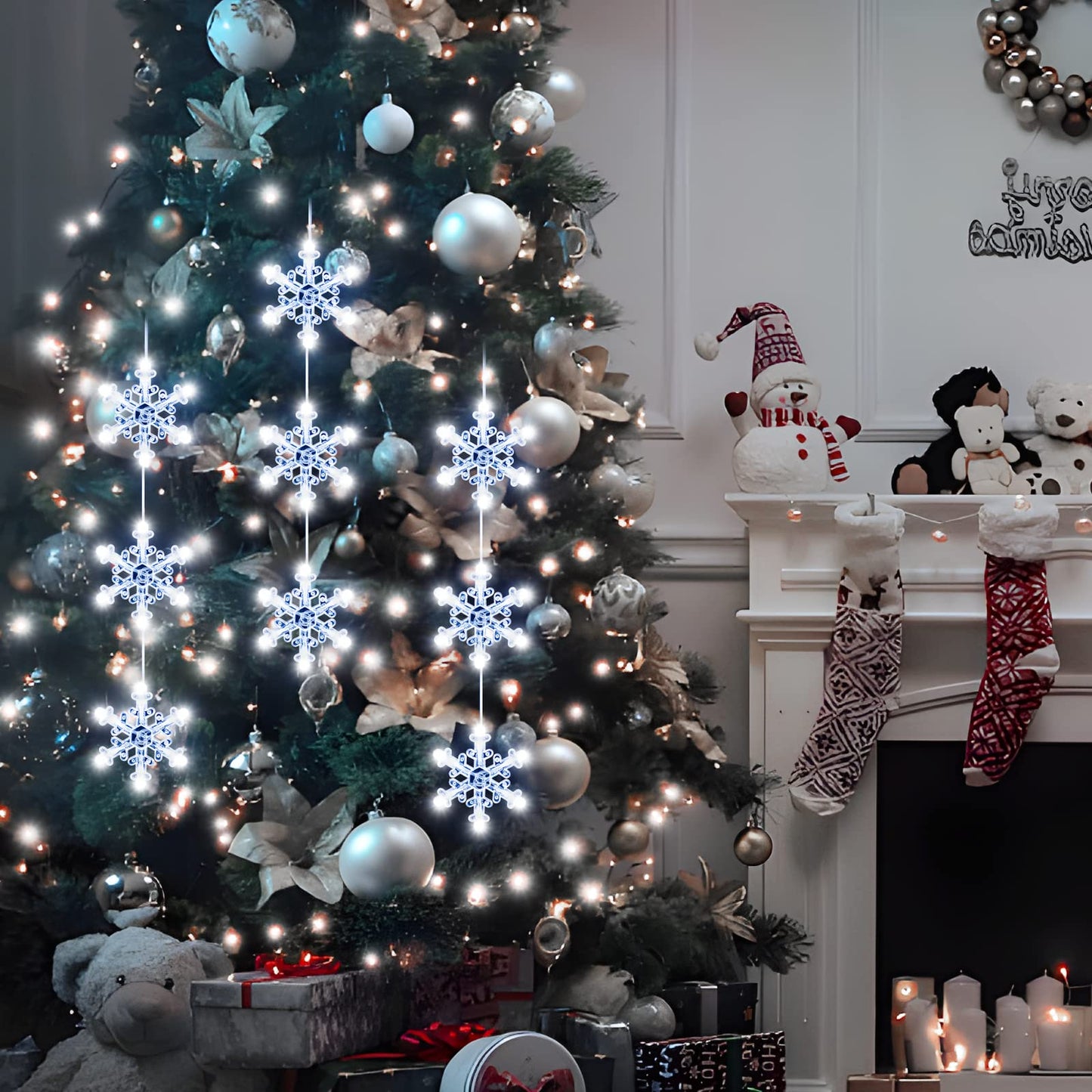 LYUBASA 3Pcs Christmas Window Lights Decorations with Timer, Battery Powered Christmas Window Hanging White Lighted Snowflake Shaped LED Sucker String Lamp for Xmas Tree Fireplace Window Indoor Decor