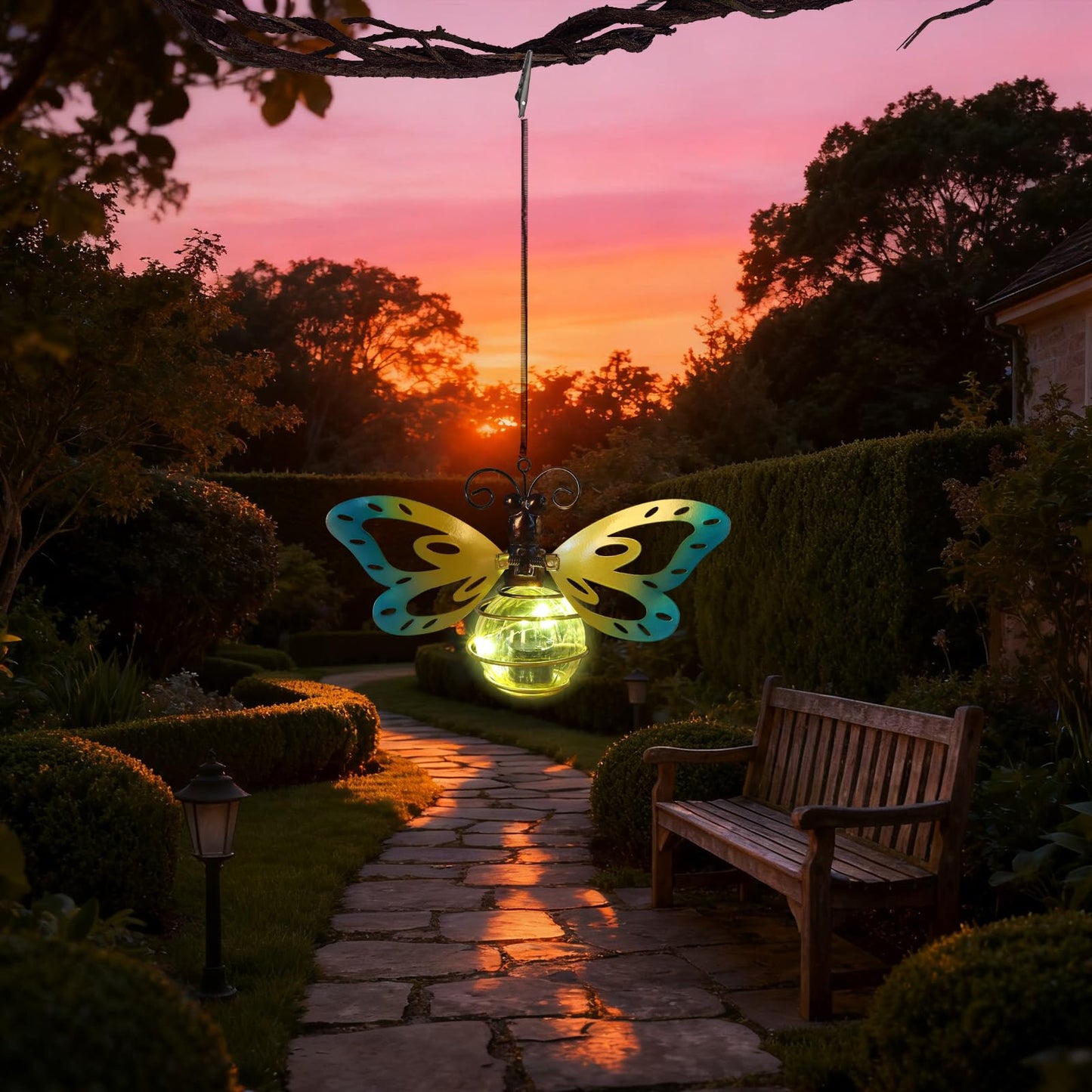 Butterfly Outdoor Decor with Bouncy Springs Pendant Lights Birthday Gifts for Women Mom Grandma,Hanging Solar Lights Outside Waterproof Metal Solar Garden Decoration for Porch,Yard,Backyard,Patio