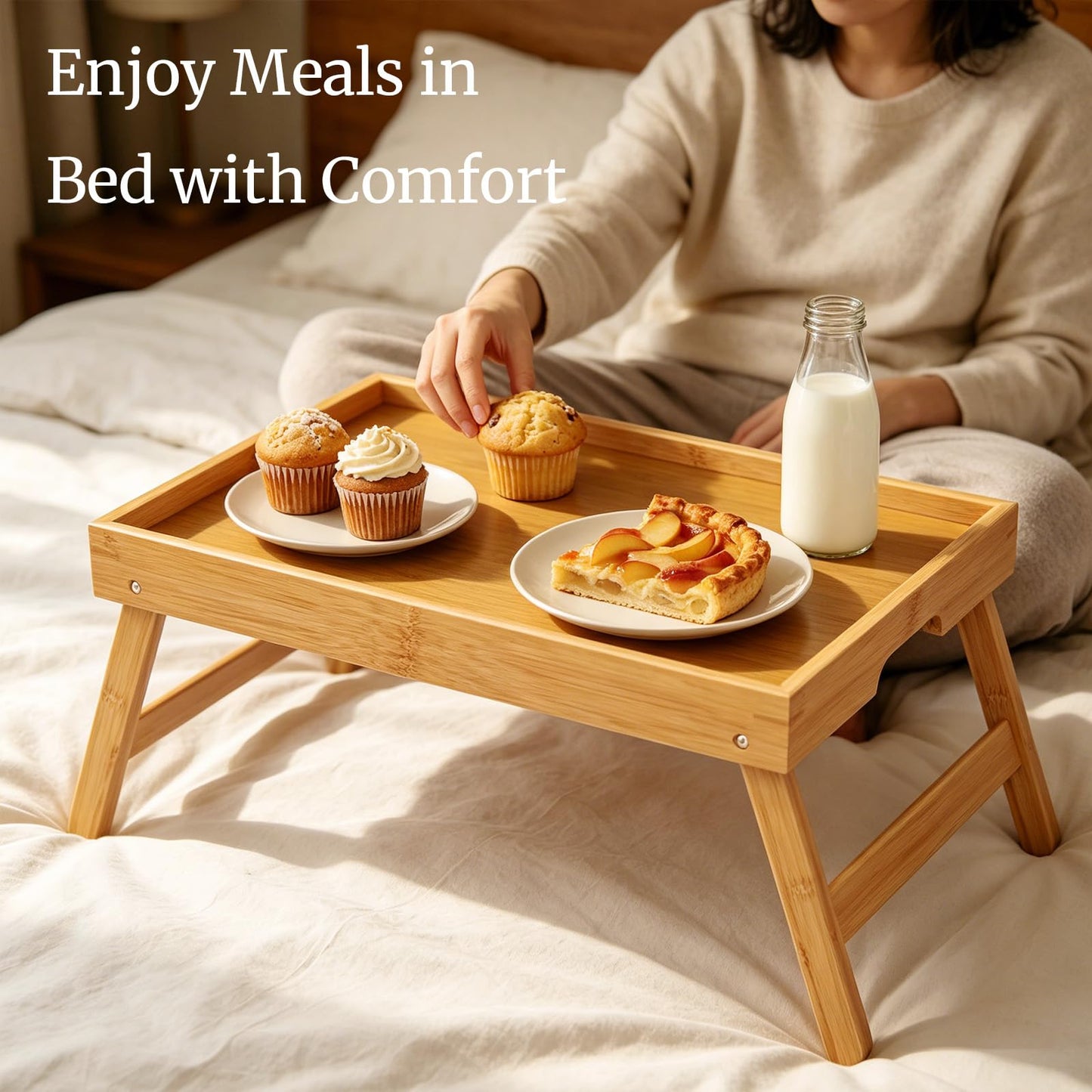 Fibogollo 2 Pack Bamboo Bed Tray Table with Folding Legs,Breakfast Trays,Serving Tray for Food and Snack,Laptop Trays for Working(Natural)