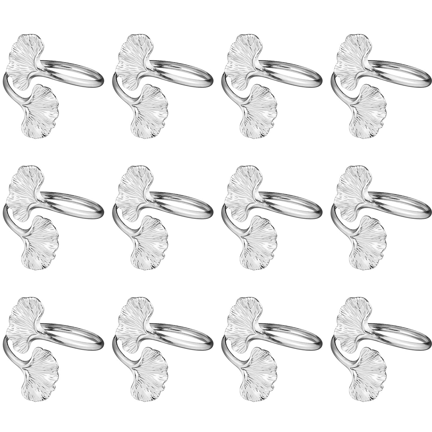 Ginkgo Leaf Napkin Rings Set of 12 Stainless Steel Gold Napkin Holder Metal Napkin Ring for Dinner Party Wedding Banquet Buffet Table (Silver, Ginkgo Leaf)