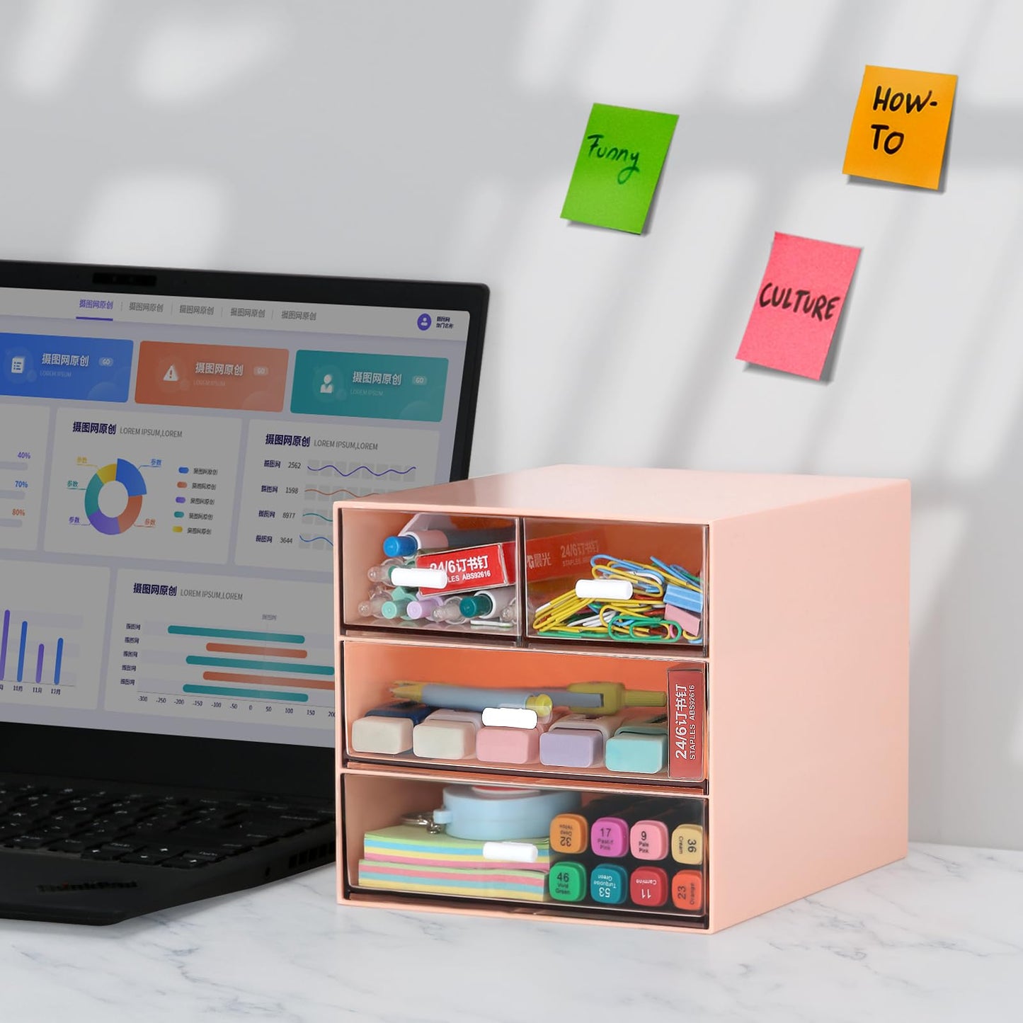 LETURE Desk Organizer with 4 Drawers, Clear Plastic Desk Storage Box, Desktop Organization for Office Supplies, Gel Pens, Pencils, Markers, Tape, Erasers, Paperclips, Chargers (Pink w 4Draws)