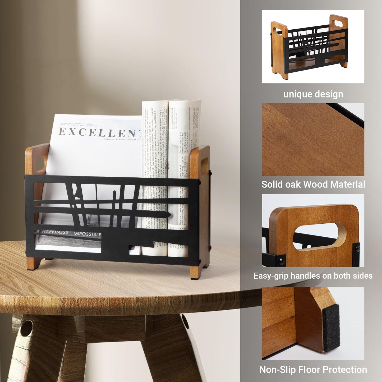 GNTDLD Magazine Holder, Wood Magazine Rack Floor, Farmhouse Magazine File Holder, Magazine Storage Basket for Letters, Books, and Newspapers