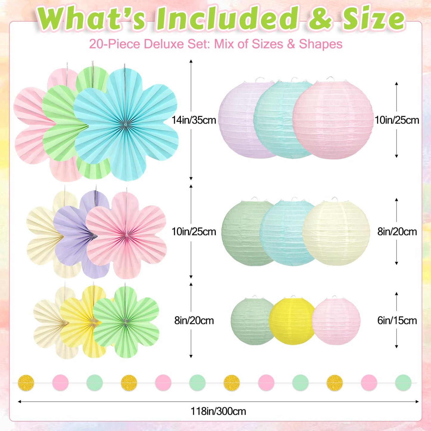 Spring Hanging Decorations - 20Pcs Pastel Party Decorations | Paper Lanterns & Flower Fans Set with Glitter Garland for Pastel Classroom Decor, Office, Baby Shower, Wedding & Easter Wall Decor