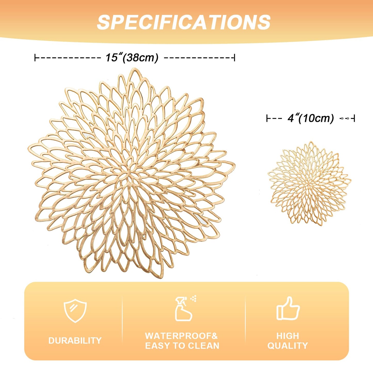 Gold Placemats Set of 8 Table Mats Gold Charger Plates Place Mats & 8 Pcs Coasters Wipeable Modern Holiday Round Placemats for Christmas Thanksgiving Farmhouse Wedding Dining Table Setting Decor