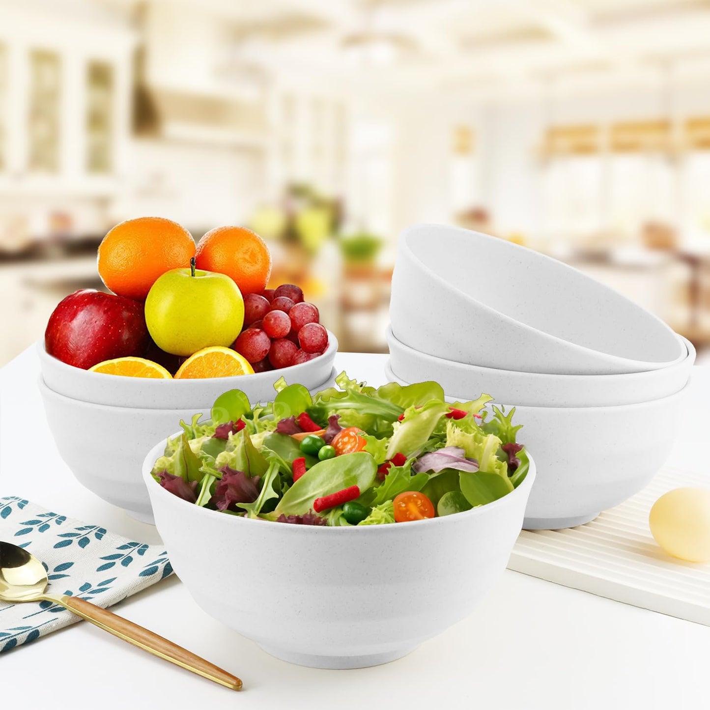 BUSOKIP 60 OZ Wheat Straw Bowls, Large Popcorn Bowl Sets of 6, Unbreakable Large Serving Bowls for Kitchen, Microwave and Dishwasher Safe Big bowl for Eating, Soup, Ramen, Cereal- White
