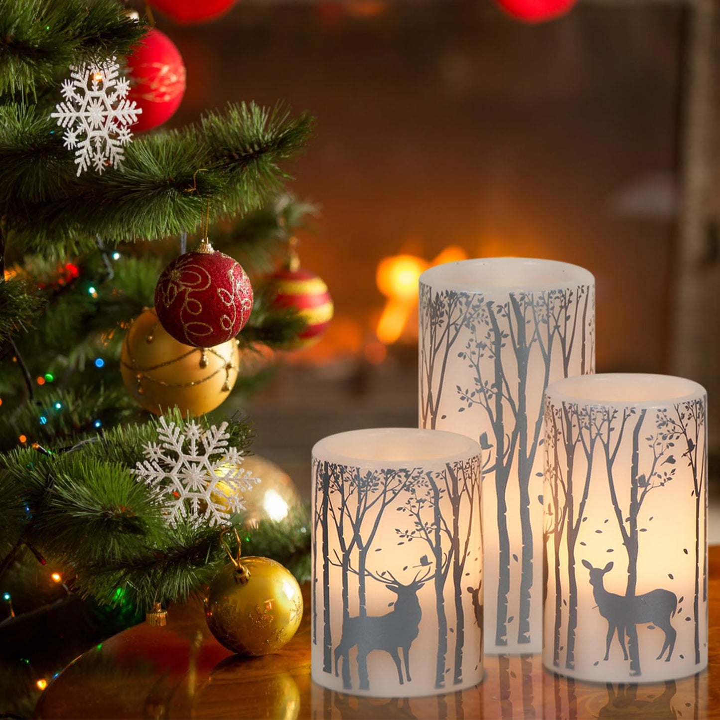 Eldnacele Christmas Flickering Flameless Candles with 6 Hour Timer, Silver Deer Decal Battery Operated Real Wax LED Pillar Candles Home Tabletop Holiday Decor(3Pcs,3×4/5/6 Inches)