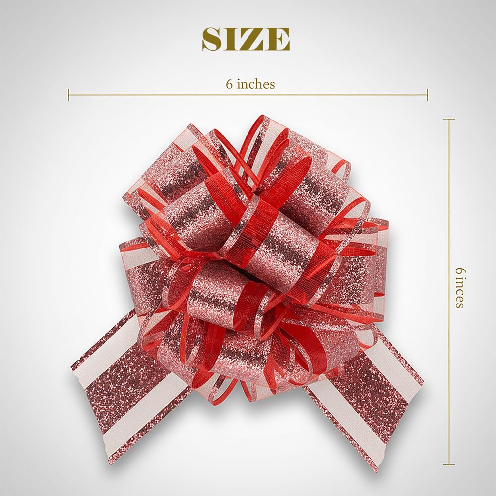 KLOVYRA Red Glitter Gift Bows– 6 Inch 6 Pack Romantic Pull Bows for Christmas Present, Valentine’s Day, Weddings, Birthdays & DIY Holiday Decorations