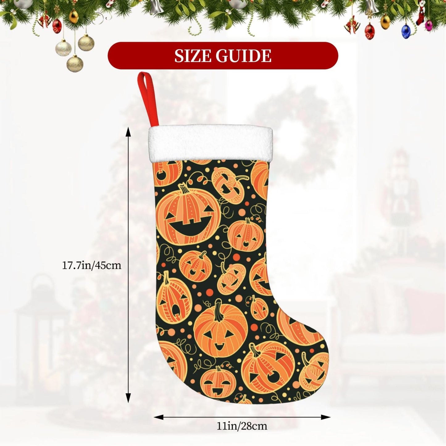 Halloween Pumpkin Christmas Stockings Hanging Decoration Stockings 17.7 Inch Xmas Stockings for Fireplace Family Party Holiday Decor 1PCS
